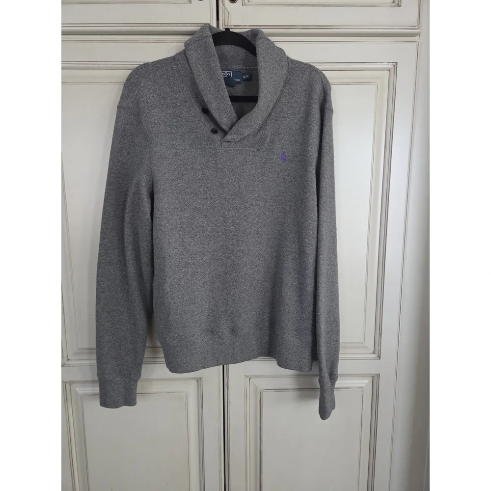 Polo Ralph Lauren Shawl Collar Pullover‎ Sweater Men's Medium Gray W Purple Pony